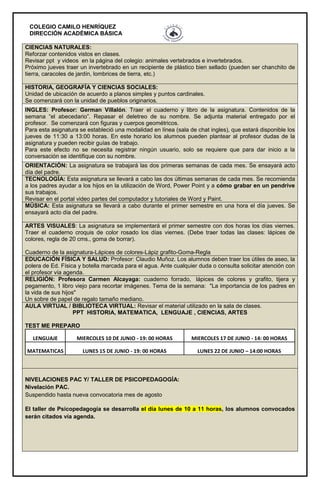 COLEGIO CAMILO HENRÍQUEZ
DIRECCIÓN ACADÉMICA BÁSICA
CIENCIAS NATURALES:
Reforzar contenidos vistos en clases.
Revisar ppt y videos en la página del colegio: animales vertebrados e invertebrados.
Próximo jueves traer un invertebrado en un recipiente de plástico bien sellado (pueden ser chanchito de
tierra, caracoles de jardín, lombrices de tierra, etc.)
HISTORIA, GEOGRAFÍA Y CIENCIAS SOCIALES:
Unidad de ubicación de acuerdo a planos simples y puntos cardinales.
Se comenzará con la unidad de pueblos originarios.
INGLES: Profesor: German Villalón. Traer el cuaderno y libro de la asignatura. Contenidos de la
semana “el abecedario”. Repasar el deletreo de su nombre. Se adjunta material entregado por el
profesor. Se comenzará con figuras y cuerpos geométricos.
Para esta asignatura se estableció una modalidad en línea (sala de chat ingles), que estará disponible los
jueves de 11:30 a 13:00 horas. En este horario los alumnos pueden plantear al profesor dudas de la
asignatura y pueden recibir guías de trabajo.
Para este efecto no se necesita registrar ningún usuario, solo se requiere que para dar inicio a la
conversación se identifique con su nombre.
ORIENTACIÓN: La asignatura se trabajará las dos primeras semanas de cada mes. Se ensayará acto
día del padre.
TECNOLOGÍA: Esta asignatura se llevará a cabo las dos últimas semanas de cada mes. Se recomienda
a los padres ayudar a los hijos en la utilización de Word, Power Point y a cómo grabar en un pendrive
sus trabajos.
Revisar en el portal video partes del computador y tutoriales de Word y Paint.
MÚSICA: Esta asignatura se llevará a cabo durante el primer semestre en una hora el día jueves. Se
ensayará acto día del padre.
ARTES VISUALES: La asignatura se implementará el primer semestre con dos horas los días viernes.
Traer el cuaderno croquis de color rosado los días viernes. (Debe traer todas las clases: lápices de
colores, regla de 20 cms., goma de borrar).
Cuaderno de la asignatura-Lápices de colores-Lápiz grafito-Goma-Regla
EDUCACIÓN FÍSICA Y SALUD: Profesor: Claudio Muñoz. Los alumnos deben traer los útiles de aseo, la
polera de Ed. Física y botella marcada para el agua. Ante cualquier duda o consulta solicitar atención con
el profesor vía agenda.
RELIGIÓN: Profesora Carmen Alcayaga: cuaderno forrado, lápices de colores y grafito, tijera y
pegamento, 1 libro viejo para recortar imágenes. Tema de la semana: "La importancia de los padres en
la vida de sus hijos"
Un sobre de papel de regalo tamaño mediano.
AULA VIRTUAL / BIBLIOTECA VIRTUAL: Revisar el material utilizado en la sala de clases.
PPT HISTORIA, MATEMATICA, LENGUAJE , CIENCIAS, ARTES
TEST ME PREPARO
LENGUAJE MIERCOLES 10 DE JUNIO - 19: 00 HORAS MIERCOLES 17 DE JUNIO - 14: 00 HORAS
MATEMATICAS LUNES 15 DE JUNIO - 19: 00 HORAS LUNES 22 DE JUNIO – 14:00 HORAS
NIVELACIONES PAC Y/ TALLER DE PSICOPEDAGOGÍA:
Nivelación PAC.
Suspendido hasta nueva convocatoria mes de agosto
El taller de Psicopedagogía se desarrolla el día lunes de 10 a 11 horas, los alumnos convocados
serán citados vía agenda.
 