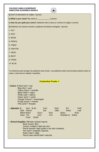 COLEGIO CAMILO HENRÍQUEZ
DIRECCIÓN ACADÉMICA BÁSICA
a) Decir el abecedario en inglés. (1punto)
b) What´s your name? My name is ____________ (1punto)
c) How do you spell your name? (deletrean letra a letra su nombre en Inglés) (1punto)
d) Deletrear de manera correcta 4 palabras del listado entregado. (4punto)
1- CAT
2- DOG
3- BOOK
4- PENCIL
5- TABLE
6- CRAYON
7- HEAD
8- BOAT
9- TRAIN
10- BLUE
*La dinámica para escoger las palabras será el azar. Las palabras antes mencionadas estarán sobre la
mesa y cada alumno elegirá 4 papelitos.
Contenidos Prueba 1:
- Colors  Red /red/ = rojo
Blue /blu/ = azul
Yellow /ielou/ = amarillo
Black /blak/ = negro
White /uait/ = blanco
Green /griin/ = verde
Orange /oranch/ = anaranjado
Purple /purpl/ = morado
Pink /pink/ = Rosado
- Alphabet  A/ei/ B /bi/ C/si/ D/di/ E/i/ F/ef/
G/lli/ H/eich/ I/ai/ J/llei/ K/kei/ L/el/
M/em/ N/en/ O/ou/ P/pi/ Q/kiu/ R/ar/
S/es/ T/ti/ U/iu/ V/vi/ W/doble iu/ X/eks/
Y/uai/ Z/zed/
- School Supplies Eraser /ereiser/=goma
Book /buuk/= libro
Crayon /creillon/= lápiz de cera
Pencil /pensil/= lápiz grafito o de color (madera)
Pen /pen/= bolígrafo, lapicera
Ruler /ruler/= regla
Pencil case /pensil keis/= estuche
 