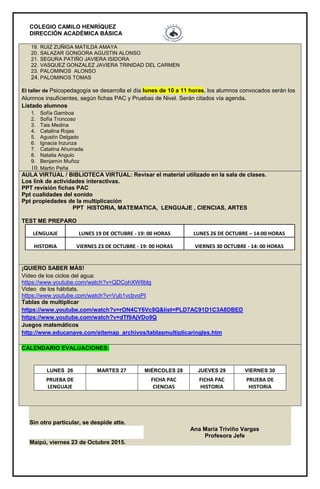 COLEGIO CAMILO HENRÍQUEZ
DIRECCIÓN ACADÉMICA BÁSICA
19. RUIZ ZUÑIGA MATILDA AMAYA
20. SALAZAR GONGORA AGUSTIN ALONSO
21. SEGURA PATIÑO JAVIERA ISIDORA
22. VASQUEZ GONZALEZ JAVIERA TRINIDAD DEL CARMEN
23. PALOMINOS ALONSO
24. PALOMINOS TOMAS
El taller de Psicopedagogía se desarrolla el día lunes de 10 a 11 horas, los alumnos convocados serán los
Alumnos insuficientes, según fichas PAC y Pruebas de Nivel. Serán citados vía agenda.
Listado alumnos
1. Sofía Gamboa
2. Sofía Troncoso
3. Tais Medina
4. Catalina Rojas
5. Agustín Delgado
6. Ignacia Inzunza
7. Catalina Ahumada
8. Natalia Angulo
9. Benjamín Muñoz
10. Martin Peña
AULA VIRTUAL / BIBLIOTECA VIRTUAL: Revisar el material utilizado en la sala de clases.
Los link de actividades interactivas.
PPT revisión fichas PAC
Ppt cualidades del sonido
Ppt propiedades de la multiplicación
PPT HISTORIA, MATEMATICA, LENGUAJE , CIENCIAS, ARTES
TEST ME PREPARO
LENGUAJE LUNES 19 DE OCTUBRE - 19: 00 HORAS LUNES 26 DE OCTUBRE – 14:00 HORAS
HISTORIA VIERNES 23 DE OCTUBRE - 19: 00 HORAS VIERNES 30 OCTUBRE - 14: 00 HORAS
¡QUIERO SABER MÁS!
Video de los ciclos del agua:
https://www.youtube.com/watch?v=QDCohXW6blg
Video de los hábitats.
https://www.youtube.com/watch?v=Vub1vcbvoPI
Tablas de multiplicar
https://www.youtube.com/watch?v=rON4CY6Vc9Q&list=PLD7AC91D1C3A8DBED
https://www.youtube.com/watch?v=dTf9AjVDo9Q
Juegos matemáticos
http://www.educanave.com/sitemap_archivos/tablasmultiplicaringles.htm
CALENDARIO EVALUACIONES:
LUNES 26 MARTES 27 MIÉRCOLES 28 JUEVES 29 VIERNES 30
PRUEBA DE
LENGUAJE
FICHA PAC
CIENCIAS
FICHA PAC
HISTORIA
PRUEBA DE
HISTORIA
Sin otro particular, se despide atte.
Ana María Triviño Vargas
Profesora Jefe
Maipú, viernes 23 de Octubre 2015.
 