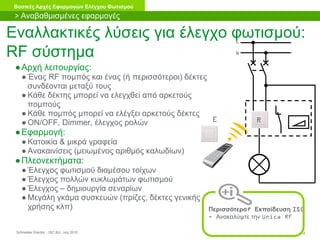 Schneider Electric 14- ISC BU- July 2010
Βασικές Αρχές Εφαρμογών Ελέγχου Φωτισμού
Εναλλακτικές λύσεις για έλεγχο φωτισμού:
RF σύστημα
●Αρχή λειτουργίας:
● Ένας RF πομπός και ένας (ή περισσότεροι) δέκτες
συνδέονται μεταξύ τους
● Κάθε δέκτης μπορεί να ελεγχθεί από αρκετούς
πομπούς
● Κάθε πομπός μπορεί να ελέγξει αρκετούς δέκτες
● ON/OFF, Dimmer, έλεγχος ρολών
●Εφαρμογή:
● Κατοικία & μικρά γραφεία
● Ανακαινίσεις (μειωμένος αριθμός καλωδίων)
●Πλεονεκτήματα:
● Έλεγχος φωτισμού διαμέσου τοίχων
● Έλεγχος πολλών κυκλωμάτων φωτισμού
● Έλεγχος – δημιουργία σεναρίων
● Μεγάλη γκάμα συσκευών (πρίζες, δέκτες γενικής
χρήσης κλπ) Περισσότερα? Εκπαίδευση ISC
- Ανακαλύψτε την Unica RF
> Αναβαθμισμένες εφαρμογές
E
N
L
R
 