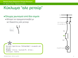 Schneider Electric 8- ISC BU- July 2010
Βασικές Αρχές Εφαρμογών Ελέγχου Φωτισμού
Κύκλωμα “αλε ρετούρ”
●Έλεγχος φωτισμού από δύο σημεία
● Μπορεί να πραγματοποιηθεί με
● 2 διακόπτες αλέ ρετούρ
Σειρές προϊόντων Schneider: Διακοπτικό
υλικό
Σειρές: Unica, System-M, Artec,
Antique, Sedna
> Βασικές Εφαρμογές
Λαμπτήρας
S2
L
N
Αυτόματος
διακόπτης
S1
 