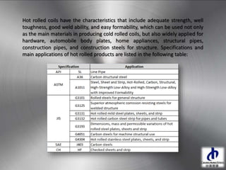 Hot rolled coils have the characteristics that include adequate strength, well
toughness, good weld ability, and easy formability, which can be used not only
as the main materials in producing cold rolled coils, but also widely applied for
hardware, automobile body plates, home appliances, structural pipes,
construction pipes, and construction steels for structure. Specifications and
main applications of hot rolled products are listed in the following table:
 