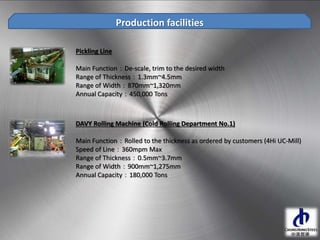 Pickling Line
Main Function：De-scale, trim to the desired width
Range of Thickness：1.3mm~4.5mm
Range of Width：870mm~1,320mm
Annual Capacity：450,000 Tons
Production facilities
DAVY Rolling Machine (Cold Rolling Department No.1)
Main Function：Rolled to the thickness as ordered by customers (4Hi UC-Mill)
Speed of Line：360mpm Max
Range of Thickness：0.5mm~3.7mm
Range of Width：900mm~1,275mm
Annual Capacity：180,000 Tons
 
