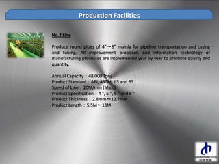 Production Facilities
No.2 Line
Produce round pipes of 4”～8” mainly for pipeline transportation and casing
and tubing. All improvement proposals and information technology of
manufacturing processes are implemented year by year to promote quality and
quantity.
Annual Capacity：48,000 Tons
Product Standard：API, ASTM, JIS and BS
Speed of Line：20M/min (Max.)
Product Specification：4 ", 5 ", 6 " and 8 "
Product Thickness：2.8mm～12.7mm
Product Length：5.5M～13M
 