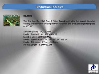 Production Facilities
No.3 Line
This line has the ERW Pipe & Tube Department with the largest diameter
utilizing the resistance welding method in Taiwan and produces large steel pipes
of 10”~20”.
Annual Capacity：24,000 Tons
Product Standard：API, ASTM and JIS
Speed of Line：12M/min (Max.)
Product Specification：10", 12", 16", 18" and 20"
Product Thickness：5.7mm～16.0mm
Product Length：5.5M～13.0M
 