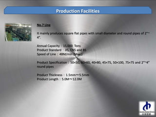 Production Facilities
No.7 Line
It mainly produces square flat pipes with small diameter and round pipes of 2”~
4”.
Annual Capacity：15,000 Tons
Product Standard：JIS, CNS and BS
Speed of Line：48M/min (Max.)
Product Specification：50×50, 60×60, 40×80, 45×75, 50×100, 75×75 and 2”~4”
round pipes
Product Thickness：1.5mm～5.5mm
Product Length：5.0M～12.0M
 