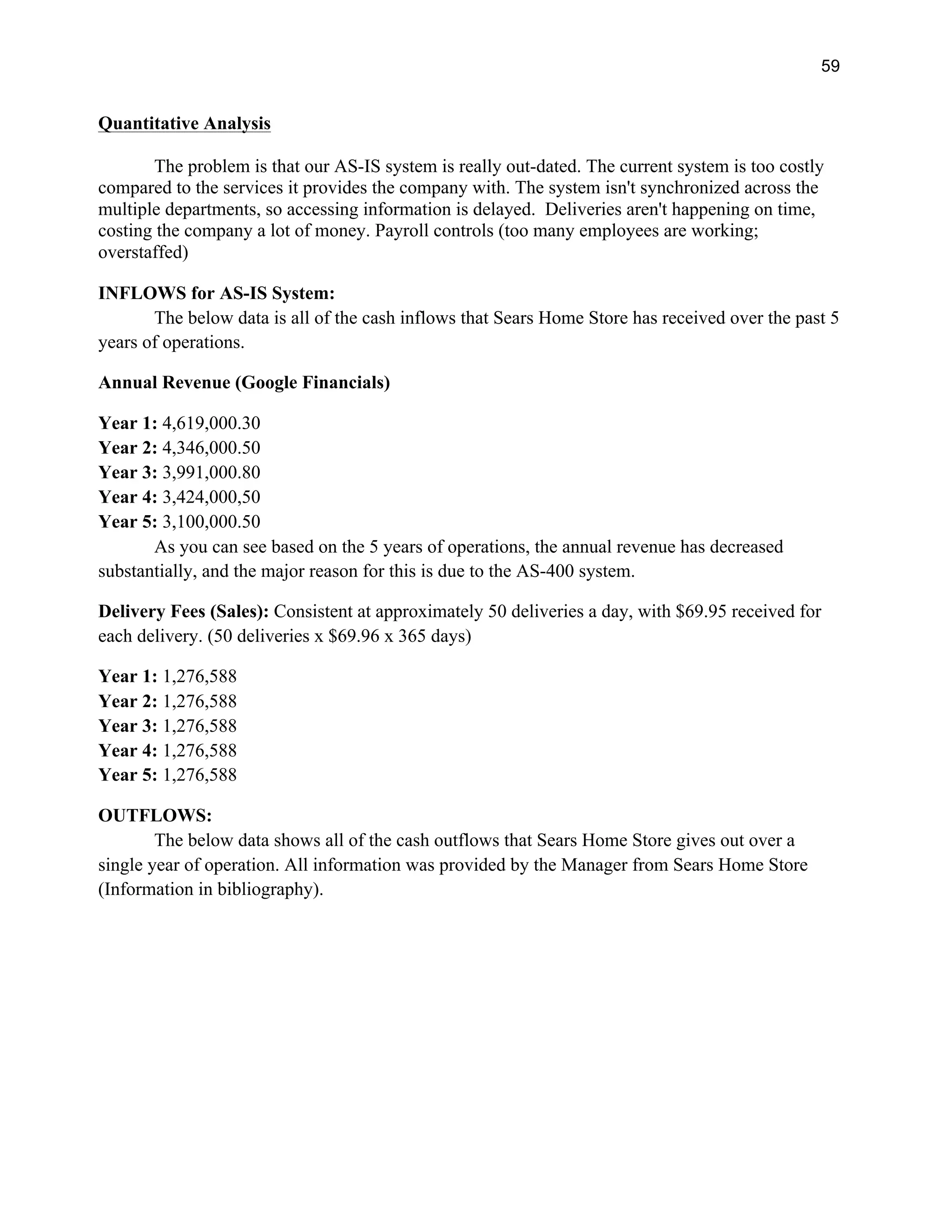 59
Quantitative Analysis
The problem is that our AS-IS system is really out-dated. The current system is too costly
compared to the services it provides the company with. The system isn't synchronized across the
multiple departments, so accessing information is delayed. Deliveries aren't happening on time,
costing the company a lot of money. Payroll controls (too many employees are working;
overstaffed)
INFLOWS for AS-IS System:
The below data is all of the cash inflows that Sears Home Store has received over the past 5
years of operations.
Annual Revenue (Google Financials)
Year 1: 4,619,000.30
Year 2: 4,346,000.50
Year 3: 3,991,000.80
Year 4: 3,424,000,50
Year 5: 3,100,000.50
As you can see based on the 5 years of operations, the annual revenue has decreased
substantially, and the major reason for this is due to the AS-400 system.
Delivery Fees (Sales): Consistent at approximately 50 deliveries a day, with $69.95 received for
each delivery. (50 deliveries x $69.96 x 365 days)
Year 1: 1,276,588
Year 2: 1,276,588
Year 3: 1,276,588
Year 4: 1,276,588
Year 5: 1,276,588
OUTFLOWS:
The below data shows all of the cash outflows that Sears Home Store gives out over a
single year of operation. All information was provided by the Manager from Sears Home Store
(Information in bibliography).
 