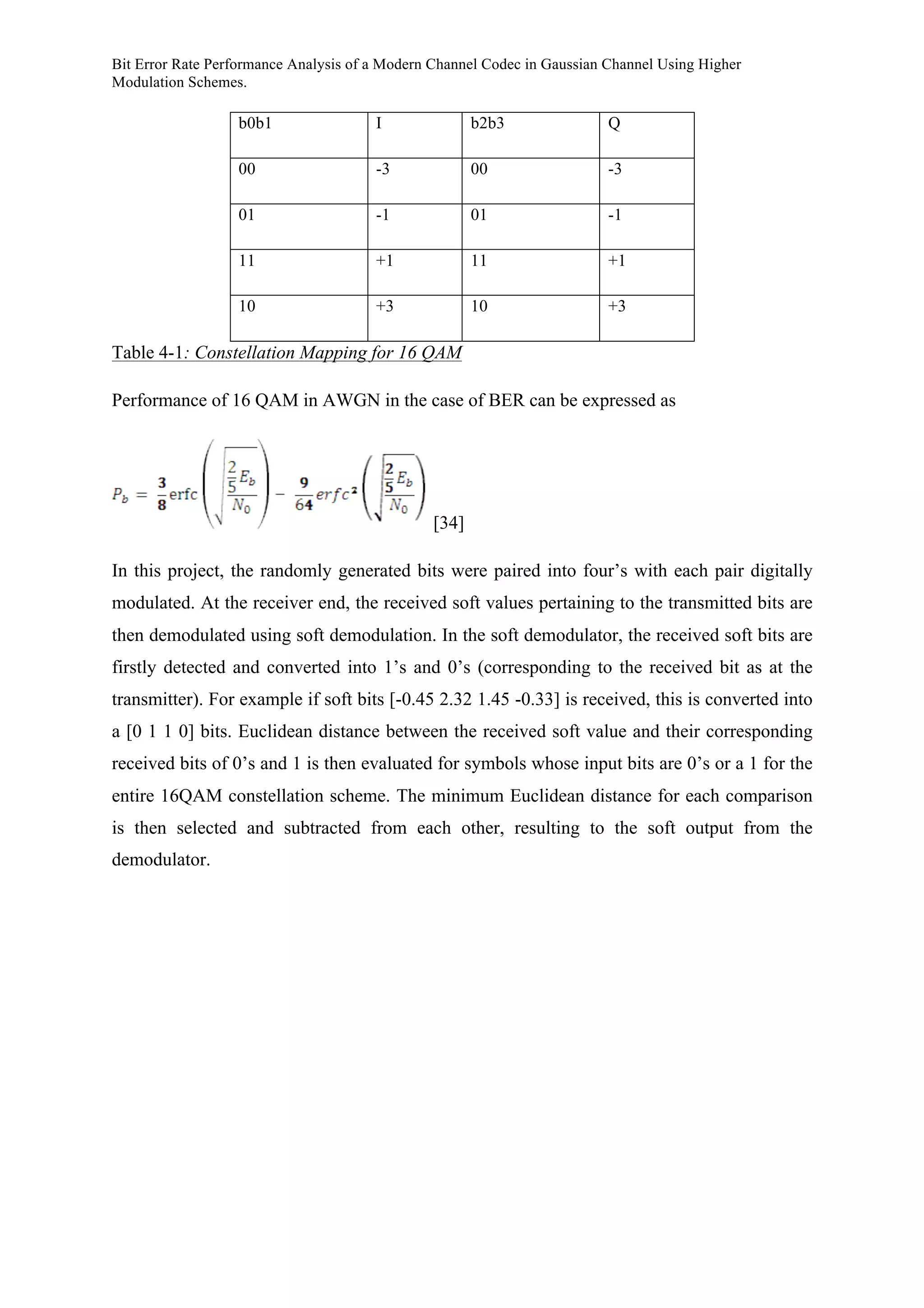 Bit Error Rate Performance Analysis of a Modern Channel Codec in Gaussian Channel Using Higher
Modulation Schemes.
b0b1 I b2b3 Q
00 -3 00 -3
01 -1 01 -1
11 +1 11 +1
10 +3 10 +3
Table 4-1: Constellation Mapping for 16 QAM
Performance of 16 QAM in AWGN in the case of BER can be expressed as
[34]
In this project, the randomly generated bits were paired into four’s with each pair digitally
modulated. At the receiver end, the received soft values pertaining to the transmitted bits are
then demodulated using soft demodulation. In the soft demodulator, the received soft bits are
firstly detected and converted into 1’s and 0’s (corresponding to the received bit as at the
transmitter). For example if soft bits [-0.45 2.32 1.45 -0.33] is received, this is converted into
a [0 1 1 0] bits. Euclidean distance between the received soft value and their corresponding
received bits of 0’s and 1 is then evaluated for symbols whose input bits are 0’s or a 1 for the
entire 16QAM constellation scheme. The minimum Euclidean distance for each comparison
is then selected and subtracted from each other, resulting to the soft output from the
demodulator.
 