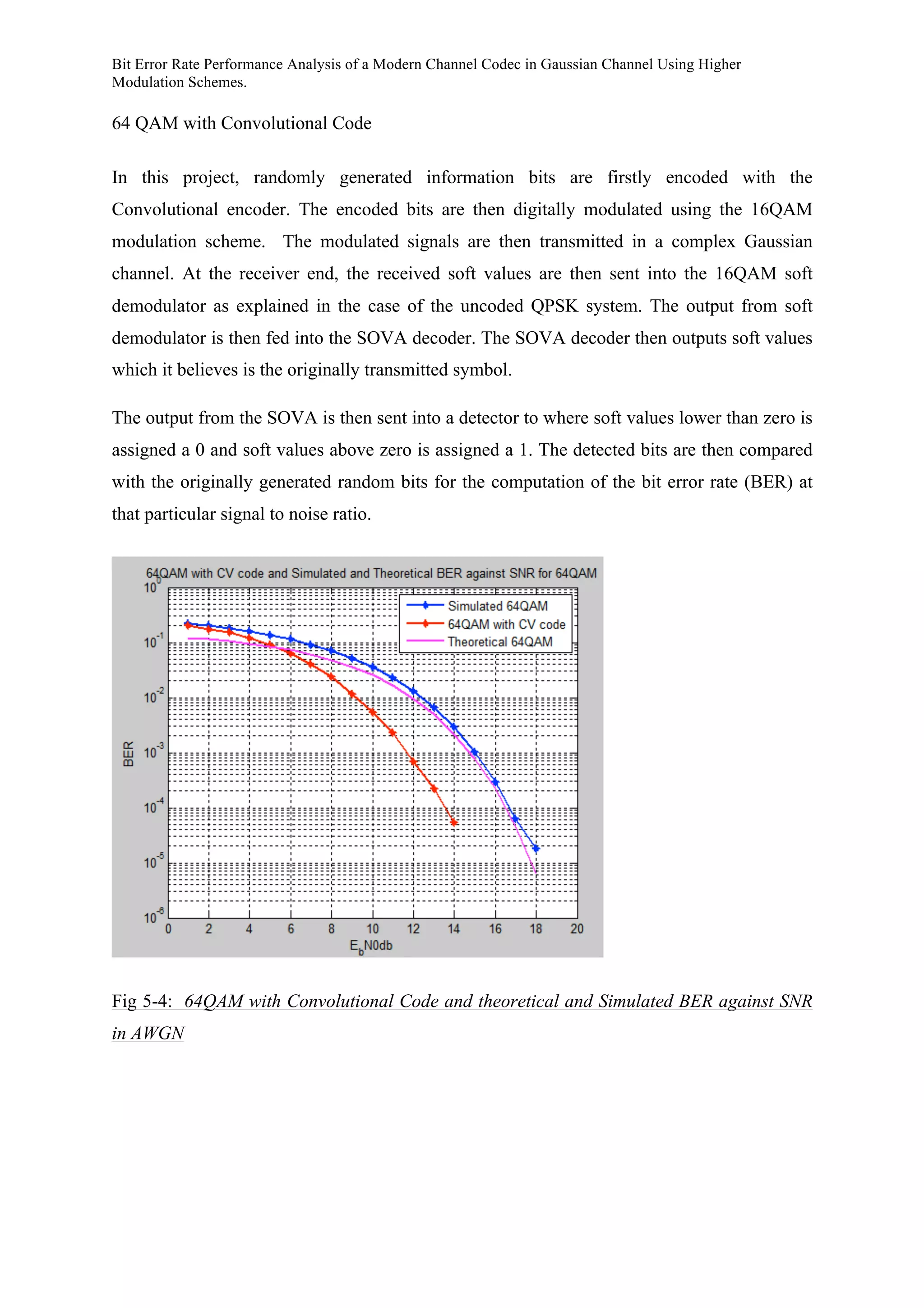 Bit Error Rate Performance Analysis of a Modern Channel Codec in Gaussian Channel Using Higher
Modulation Schemes.
64 QAM with Convolutional Code
In this project, randomly generated information bits are firstly encoded with the
Convolutional encoder. The encoded bits are then digitally modulated using the 16QAM
modulation scheme. The modulated signals are then transmitted in a complex Gaussian
channel. At the receiver end, the received soft values are then sent into the 16QAM soft
demodulator as explained in the case of the uncoded QPSK system. The output from soft
demodulator is then fed into the SOVA decoder. The SOVA decoder then outputs soft values
which it believes is the originally transmitted symbol.
The output from the SOVA is then sent into a detector to where soft values lower than zero is
assigned a 0 and soft values above zero is assigned a 1. The detected bits are then compared
with the originally generated random bits for the computation of the bit error rate (BER) at
that particular signal to noise ratio.
Fig 5-4: 64QAM with Convolutional Code and theoretical and Simulated BER against SNR
in AWGN
 