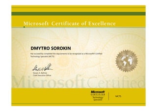 Steven A. Ballmer
Chief Executive Ofﬁcer
DMYTRO SOROKIN
Has successfully completed the requirements to be recognized as a Microsoft® Certified
Technology Specialist (MCTS)
MCTS
 