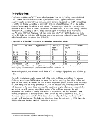 Introduction
Cardiovascular Diseases1 (CVD) and related complications are the leading causes of death in
USA. Various interrelated diseases like hypercholesterolemia, hypertension, heart failure,
cerebrovascular accident (stroke), coronary artery diseases etc. classify as CVD. The incidence
of CVD is on the rise. According to a report by Division of Vital Statistics (2012), the leading
cause of death among Americans is heart disease. The same report states that cerebrovascular
accident or Stroke, which is similar complication of blood vessels, is the fourth leading causes of
death in USA. According to a CVD future forecast report by American Heart Association
(AHA), about 40.5% of Americans will have some form of CVD by 2030 (Heidenreich et al.,
2011). The following projection table from the same report shows the estimated increase in CVD and
related complications prevalence from 2010-2030.
Projections of Crude CVD Prevalence (%), 2010-2030 in the United States
Year All CVD Hypertension Coronary
heart
disease
Heart
failure
Stroke
2010 36.9 33.9 8 2.8 3.2
2015 37.8 34.8 8.3 3 3.4
2020 38.7 35.7 8.6 3.1 3.6
2025 39.7 36.5 8.9 3.3 3.8
2030 40.5 37.3 9.3 3.5 4
% change 9.9 9.9 16.6 25 24.9
Source: Adapted from Heidenreich et al. (2011). Forecasting the future of cardiovascular disease in the United
States: a policy statement from the American Heart Association.Circulation, 123.
As the table predicts, the incidence of all forms of CVD among US population will increase by
10%.
Currently, heart diseases make up one sixth of the entire healthcare expenditure. R. Morgan
Griffin of webmd.com (2013) writes that about four hundred and forty four billion dollars were
spent on heart disease in America in 2010. Various projections predict increase in the prevalence
of CVD. Along with the rising prevalence of CVD, the medical costs, both direct and indirect,
will increase. In the future, direct expenses like medicines, hospital checkups, treatment follow-
up, surgery etc. will make up a significant portion of the healthcare expenses for both
government and individuals. Direct costs related to hypertension, the most prevalent CVD
disease, are projected to increase by 130.4 billion dollars by 2030 (Heidenreich et al., 2011).
Similarly, indirect costs related to CVD disease like loss of productivity, sick leaves, and
mortality will also increase. The following table from future forecast report by AHA shows the
projected increase in direct medical costs from 2010-2030.
1 All the italicized text in this report are defined in the glossary
 