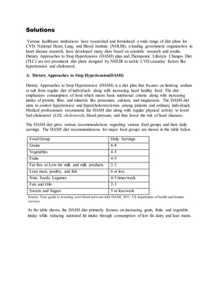 Solutions
Various healthcare institutions have researched and formulated a wide range of diet plans for
CVD. National Heart, Lung, and Blood Institute (NHLBI), a leading government organization in
heart disease research, have developed many diets based on scientific research and results.
Dietary Approaches to Stop Hypertension (DASH) plan and Therapeutic Lifestyle Changes Diet
(TLC) are two prominent diet plans designed by NHLBI to tackle CVD causative factors like
hypertension and cholesterol.
A. Dietary Approaches to Stop Hypertension(DASH)
Dietary Approaches to Stop Hypertension (DASH) is a diet plan that focuses on limiting sodium
or salt from regular diet of individuals along with increasing heart healthy food. The diet
emphasizes consumption of food which meets basic nutritional criteria along with increasing
intake of protein, fiber, and minerals like potassium, calcium, and magnesium. The DASH diet
aims to control hypertension and hypercholesterolemia among patients and ordinary individuals.
Medical professionals recommend the DASH diet along with regular physical activity to lower
bad cholesterol (LDL cholesterol), blood pressure, and thus lower the risk of heart diseases.
The DASH diet gives various recommendations regarding various food groups and their daily
servings. The DASH diet recommendations for major food groups are shown in the table below.
Food Group Daily Servings
Grains 6-8
Vegetables 4-5
Fruits 4-5
Fat-free or Low-fat milk and milk products 2-3
Lean meat, poultry, and fish 6 or less
Nuts, Seeds, Legumes 4-5 times/week
Fats and Oils 2-3
Sweets and Sugars 5 or less/week
Source: Your guide to lowering your blood pressure with DASH, 2011. US department of health and human
services.
As the table shows, the DASH diet primarily focuses on increasing grain, fruits and vegetable
intake while reducing saturated fat intake through consumption of low fat dairy and lean meats.
 