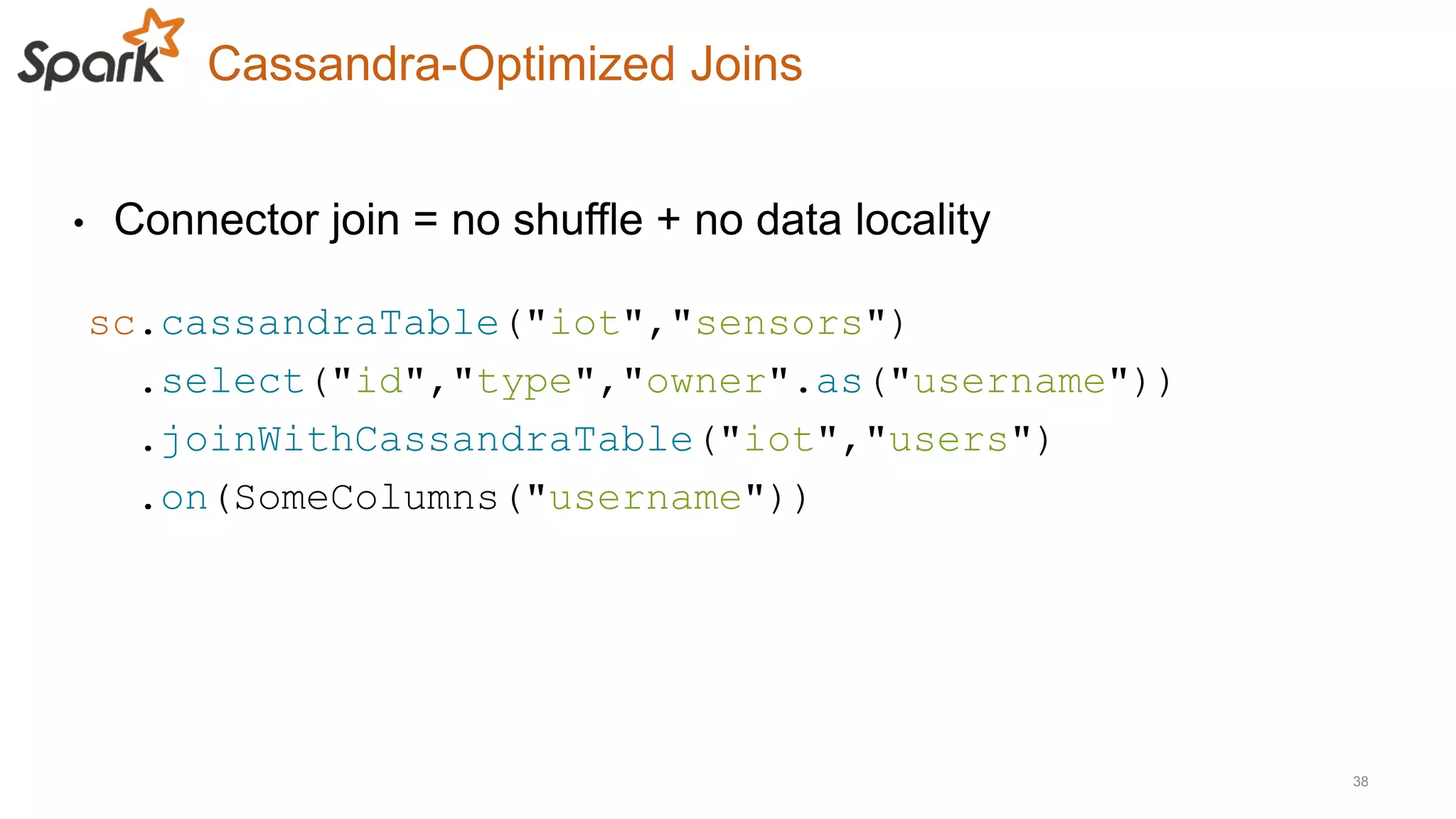 • Connector join = no shuffle + no data locality
Cassandra-Optimized Joins
38
sc.cassandraTable("iot","sensors")
.select("id","type","owner".as("username"))
.joinWithCassandraTable("iot","users")
.on(SomeColumns("username"))
 