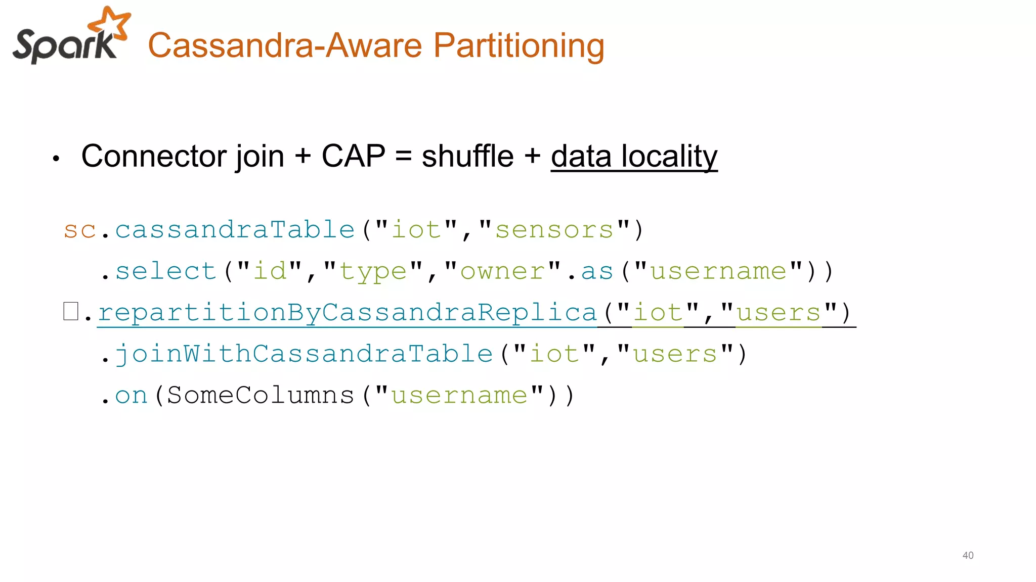 • Connector join + CAP = shuffle + data locality
Cassandra-Aware Partitioning
40
sc.cassandraTable("iot","sensors")
.select("id","type","owner".as("username"))
﻿.repartitionByCassandraReplica("iot","users")
.joinWithCassandraTable("iot","users")
.on(SomeColumns("username"))
 