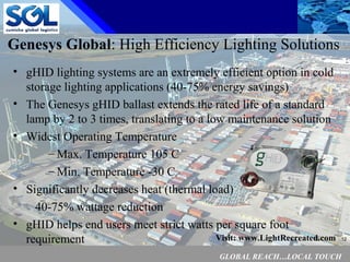 GLOBAL REACH…LOCAL TOUCH
12
Genesys Global: High Efficiency Lighting Solutions
• gHID lighting systems are an extremely efficient option in cold
storage lighting applications (40-75% energy savings)
• The Genesys gHID ballast extends the rated life of a standard
lamp by 2 to 3 times, translating to a low maintenance solution
• Widest Operating Temperature
– Max. Temperature 105 C
– Min. Temperature -30 C
• Significantly decreases heat (thermal load)
40-75% wattage reduction
• gHID helps end users meet strict watts per square foot
requirement Visit: www.LightRecreated.com
 