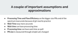 A couple of important assumptions and
approximations
● Processing Time and Flow Efﬁciency on the bigger size PRs end of the
spectrum inaccurate because of git rewrite practice
● Wait Time way more accurate
● Wait time can have processing time
● Processing time can have wait time as well
● PR size is measured through simple LoC changed
 