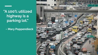 "A 100% utilized
highway is a
parking lot."
~ Mary Poppendieck
 