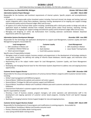 DEBRA LOSIÉ
25537 Arden Park Drive, Farmington Hills, MI 48336  313 702 3145  dlosie@me.com
Visual Services, Inc, Bloomfield Hills, Michigan October 1997-March 2002
Information Systems Project Manager June 2001 – March 2002
Responsible for the business and functional requirements of internal systems. Specific projects and accomplishments
included:
 All aspects of a company-wide online timesheet system including: front-end intranet site design and testing; back-end
system integration with a Great Plains database; reporting; training; development of an ongoing user support strategy
and extensive quality control of General Ledger affect and accuracy.
 All aspects of an online Purchase Order system including: coordinating with a third party vendor to design and code an
application based on feedback solicited from multiple, disunited parties within Visual Services; reporting; training;
development of an ongoing user support strategy and extensive quality control of General Ledger affect and accuracy.
 Managing and designing an online Job Authorization form including extensive coordination between disjointed
departments within the organization.
Information Systems Development Manager December 1999 - June 2001
Responsible for the technology and application development to support Lead Management, Customer Loyalty and Event
Management programs. Accountable for:
Lead management
• GM's AutoShow in Motion and
TruckShow in Motion follow-up
• Volvo's personal shopper
Customer Loyalty
• VW club
• Audi retention
• Ford F150 customer retention
Event Management
• GM's AutoShow in Motion
• Lexus' Dealer Training Events
Specific areas of responsibility included:
 Managing a team of system analysts, business analysts and programmers in the development of technology relating to
client needs, including: the defining and coding of Informix based databases; internet pages; and interactive voice
recognition software.
 Representing VSI as the subject matter expert for Lead Management, Customer Loyalty, and Event Management
programs.
 Developing and managing financial tools for the Information Systems department to address new and ongoing business
opportunities.
Customer Service Support Director March 1999 - December 1999
Responsible for the setup and ongoing operations of numerous General Motors’ programs within Customer Connect Center,
including:
 OnStar's lead management and fulfillment program;
 General Motors’ GMDriversite website and customer call center support;
 General Motors’ Privileges for GM card customer support and fulfillment;
 General Motors’ AutoShow in Motion and TruckShow in Motion post event customer and dealer confirmation hotline and
fulfillment;
 Entertainment Publication's customer support and order hotline.
Specific responsibilities included:
 Directing a team of business analysts, program managers, call center operators and administrative staff in the
development and ongoing operation of customer service based programs, including French and Spanish language
programs.
 Quoting and managing Customer Service Support budgets for new and ongoing business.
Customer Service Support Business Analyst October 1997 - March 1999
Responsible for the development of new programs and modifications to existing programs. Accountable for:
 General Motors’ AutoShow in Motion and Corvette consumer event
 Pontiac, Chevrolet and Cadillac dealer training events
 Lexus spring and fall dealer training events
Page 4 of 6
 