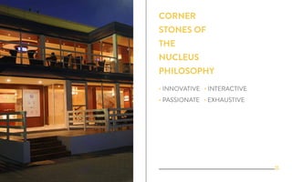 • INNOVATIVE • INTERACTIVE
• PASSIONATE • EXHAUSTIVE
CORNER
STONES OF
THE
NUCLEUS
PHILOSOPHY
02
CORNER
STONES OF
THE
NUCLEUS
PHILOSOPHY
 
