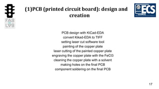 17
(1)PCB (printed circuit board): design and
creation
PCB design with KiCad-EDA
convert Kikad-EDA to TIFF
setting laser cut software tool
painting of the copper plate
laser cutting of the painted copper plate
engraving the copper plate with the FeCI3
cleaning the copper plate with a solvent
making holes on the final PCB
component soldering on the final PCB
 