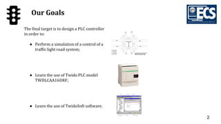 Our Goals
2
The final target is to design a PLC controller
in order to:
● Perform a simulation of a control of a
traffic light road system;
● Learn the use of Twido PLC model
TWDLCAA16DRF;
● Learn the use of TwidoSoft software.
 