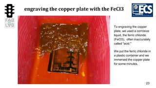 23
engraving the copper plate with the FeCI3
To engraving the copper
plate, we used a corrosive
liquid, the ferric chloride
(FeCl3), often inaccurately
called "acid."
We put the ferric chloride in
a plastic container and we
immersed the copper plate
for some minutes.
 