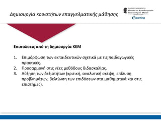 Δημιουργία κοινοτήτων επαγγελματικής μάθησης
Επιπτώσεις από τη δημιουργία ΚΕΜ
1. Επιμόρφωση των εκπαιδευτικών σχετικά με τις παιδαγωγικές
πρακτικές.
2. Προσαρμογή στις νέες μεθόδους διδασκαλίας.
3. Αύξηση των δεξιοτήτων (κριτική, αναλυτική σκέψη, επίλυση
προβλημάτων, βελτίωση των επιδόσεων στα μαθηματικά και στις
επιστήμες).
 