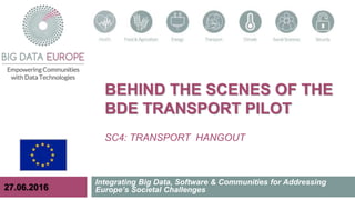 BEHIND THE SCENES OF THE
BDE TRANSPORT PILOT
SC4: TRANSPORT HANGOUT
Integrating Big Data, Software & Communities for Addressing
Europe’s Societal Challenges27.06.2016
 