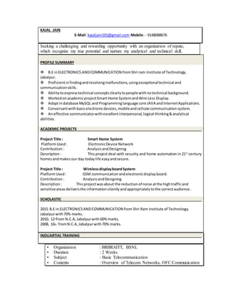 KAJAL JAIN
E-Mail: kajaljain101@gmail.com Mobile: - 9148088676
Seeking a challenging and rewarding opportunity with an organization of repute,
which recognize my true potential and nurture my analytical and technical skill.
PROFILE SUMMARY
B.E inELECTRONICS ANDCOMMUNICATION fromShri ram Institute of Technology,
Jabalpur.
Proficientinfindingandresolvingmalfunctions,usingexceptionaltechnical and
communicationskills.
Abilitytoexpresstechnical conceptsclearlytopeoplewithnotechnical background.
WorkedonacademicprojectSmart Home SystemandWire Less Display.
Adaptindatabase MySQL and Programminglanguage core JAVA andInternetApplications.
Conversantwithbasicelectronicdevices,mobileandcellularcommunicationsystem.
Aneffective communicatorwithexcellentinterpersonal,logical thinking&analytical
abilities.
ACADEMIC PROJECTS
Project Title : Smart Home System
PlatformUsed: ElectronicDevice Network
Contribution: AnalysisandDesigning
Description : This project deal with security and home automation in 21st
century
homesandmakesour day todaylife easyandsecure.
Project Title : WirelessdisplayboardSystem
PlatformUsed: GSM communicationandelectronicdisplayboard.
Contribution: AnalysisandDesigning
Description: Thisprojectwasabout the reductionof noise atthe hightrafficand
sensitiveareasdeliversthe informationsilentlyandappropriatelytothe correctaudience .
SCHOLASTIC
2015 B.E in ELECTRONICSANDCOMMUNICATION from Shri Ram Institute of Technology,
Jabalpurwith70% marks.
2010, 12th
from N.C.A,Jabalpurwith 60% marks.
2008, 10th fromN.C.A,Jabalpurwith70% marks.
INDUARTIAL TRAINING
• Organization : BRBRAITT, BSNL
• Duration : 2 Weeks
• Subject : Basic Telecommunication
• Contents : Overview of Telecom Networks, OFC Communication
 