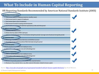32
What To Include in Human Capital Reporting
© Human Capital Management Institute
Source: http://ww2.cfo.com/people/2012/04/proposed-standard-calls-for-human-capital-disclosure/ by David McCann
HR Reporting Standards Recommended by American National Standards Institute (ANSI)
 