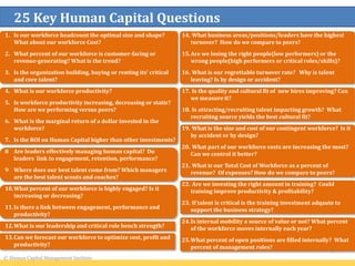 1. Is our workforce headcount the optimal size and shape?
What about our workforce Cost?
2. What percent of our workforce is customer-facing or
revenue-generating? What is the trend?
3. Is the organization building, buying or renting its’ critical
and core talent?
4. What is our workforce productivity?
5. Is workforce productivity increasing, decreasing or static?
How are we performing versus peers?
6. What is the marginal return of a dollar invested in the
workforce?
7. Is the ROI on Human Capital higher than other investments?
8 Are leaders effectively managing human capital? Do
leaders link to engagement, retention, performance?
9 Where does our best talent come from? Which managers
are the best talent scouts and coaches?
10.What percent of our workforce is highly engaged? Is it
increasing or decreasing?
11.Is there a link between engagement, performance and
productivity?
12.What is our leadership and critical role bench strength?
13.Can we forecast our workforce to optimize cost, profit and
productivity?
25 Key Human Capital Questions
14. What business areas/positions/leaders have the highest
turnover? How do we compare to peers?
15.Are we losing the right people(low performers) or the
wrong people(high performers or critical roles/skills)?
16. What is our regrettable turnover rate? Why is talent
leaving? Is by design or accident?
17. Is the quality and cultural fit of new hires improving? Can
we measure it?
18. Is attracting/recruiting talent impacting growth? What
recruiting source yields the best cultural fit?
19. What is the size and cost of our contingent workforce? Is it
by accident or by design?
20. What part of our workforce costs are increasing the most?
Can we control it better?
21. What is our Total Cost of Workforce as a percent of
revenue? Of expenses? How do we compare to peers?
22. Are we investing the right amount in training? Could
training improve productivity & profitability?
23. If talent is critical is the training investment adqaute to
support the business strategy?
24.Is internal mobility a source of value or not? What percent
of the workforce moves internally each year?
25.What percent of open positions are filled internally? What
percent of management roles?
© Human Capital Management Institute
6
 