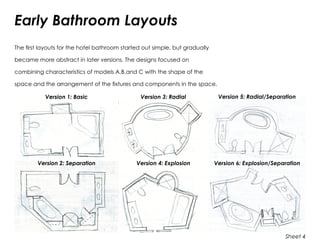 Early Bathroom Layouts
The first layouts for the hotel bathroom started out simple, but gradually
became more abstract in later versions. The designs focused on
combining characteristics of models A,B,and C with the shape of the
space and the arrangement of the fixtures and components in the space.
Version 1: Basic
Version 2: Separation
Version 3: Radial
Version 4: Explosion
Version 5: Radial/Separation
Version 6: Explosion/Separation
Sheet 4
 