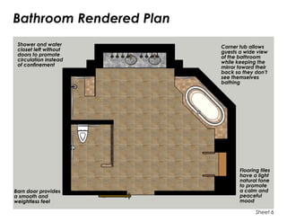 Bathroom Rendered Plan
Barn door provides
a smooth and
weightless feel
Shower and water
closet left without
doors to promote
circulation instead
of confinement
Corner tub allows
guests a wide view
of the bathroom
while keeping the
mirror toward their
back so they don’t
see themselves
bathing
Flooring tiles
have a light
natural tone
to promote
a calm and
peaceful
mood
Sheet 6
 