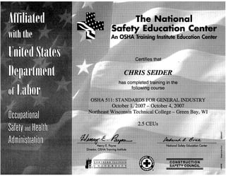 Seider OSHA 511 Certificate