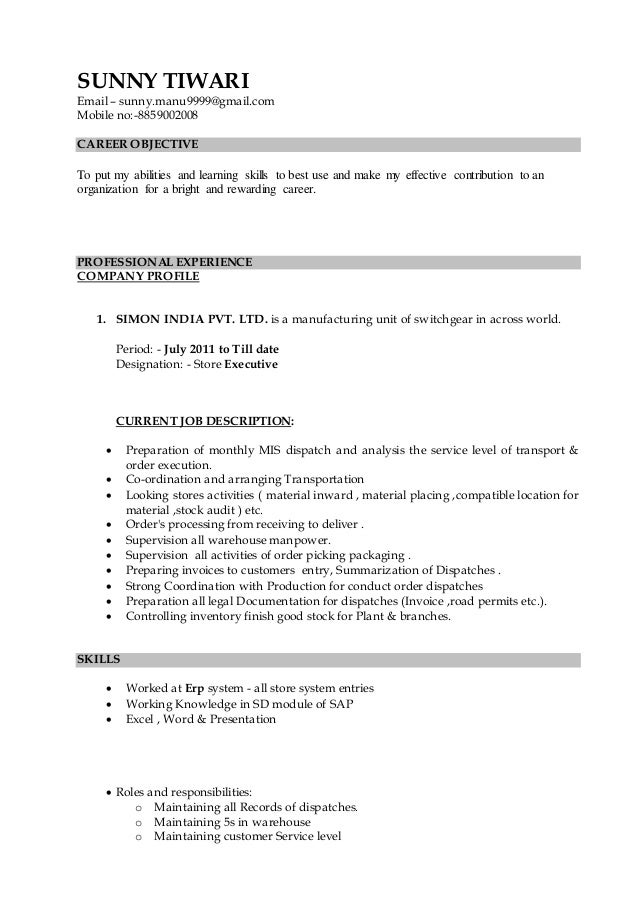 Sample resume for stores officer