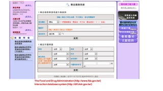 The Food and Drug Administration(http://www.fda.gov.tw/)
Interactiondatabase system (http://dif.doh.gov.tw/)
 