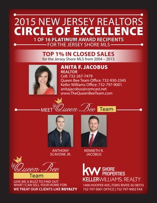 2015 NEW JERSEY REALTORS
CIRCLE OF EXCELLENCE
1 OF 16 PLATINUM AWARD RECIPIENTS
FOR THE JERSEY SHORE MLS
GIVE ME A BUZZ TO FIND OUT
WHAT I CAN SELL YOUR HOME FOR!
WE TREAT OUR CLIENTS LIKE ROYALTY
TOP 1% IN CLOSED SALES
for the Jersey Shore MLS from 2004 – 2015
ANITA F. JACOBUS
REALTOR
Cell: 732-267-7479
Queen Bee Team Office: 732-930-2345
Keller Williams Office: 732-797-9001
anitajacobus@comcast.net
www.TheQueenBeeTeam.com
1400 HOOPER AVE.,TOMS RIVER, NJ 08753
732-797-9001 OFFICE | 732-797-9002 FAX
ANTHONY
SCAVONE JR.
KENNETH R.
JACOBUS
MEET
 