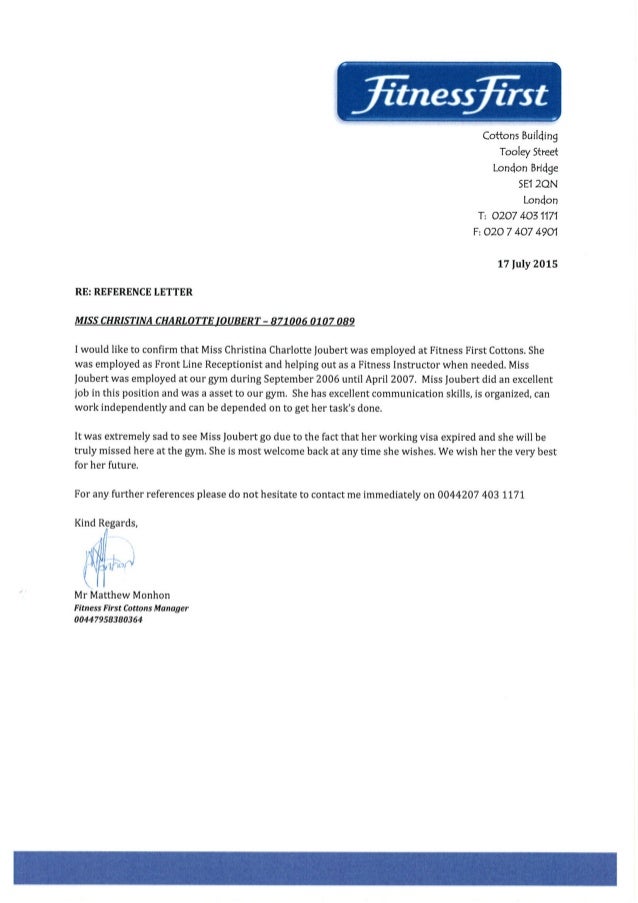 fitness first cottons reference letter fitness letter of recommendation