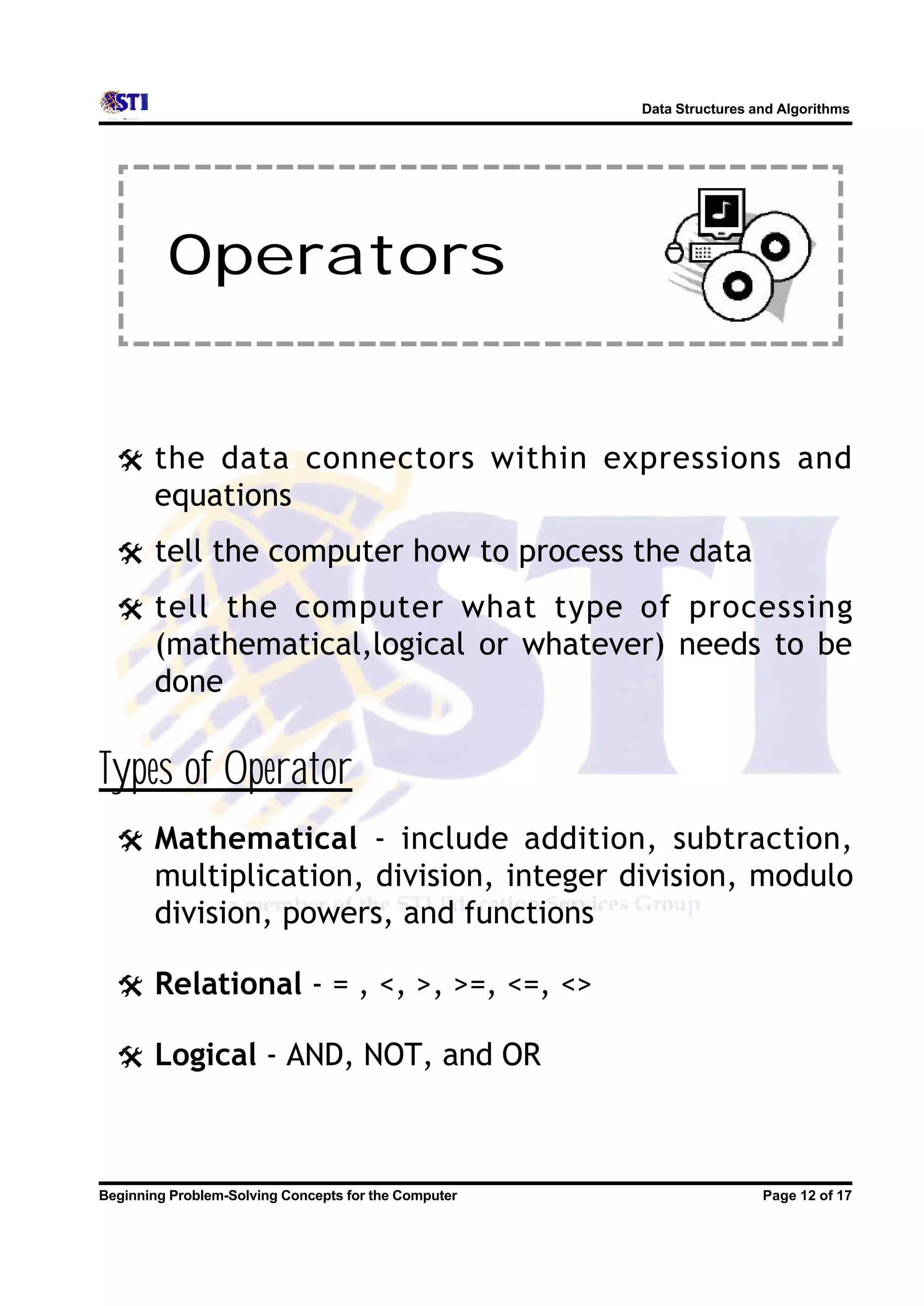 Data Structures and Algorithms Operators @ the data connectors within expressions and equations @ tell the computer how to process the data @ tell the computer what type of processing (mathematical,logical or whatever) needs to be done Types of Operator @ Mathematical - include addition, subtraction, multiplication, division, integer division, modulo division, powers, and functions @ Relational - = , <, >, >=, <=, <> @ Logical - AND, NOT, and OR Beginning Problem-Solving Concepts for the Computer Page 12 of 17 