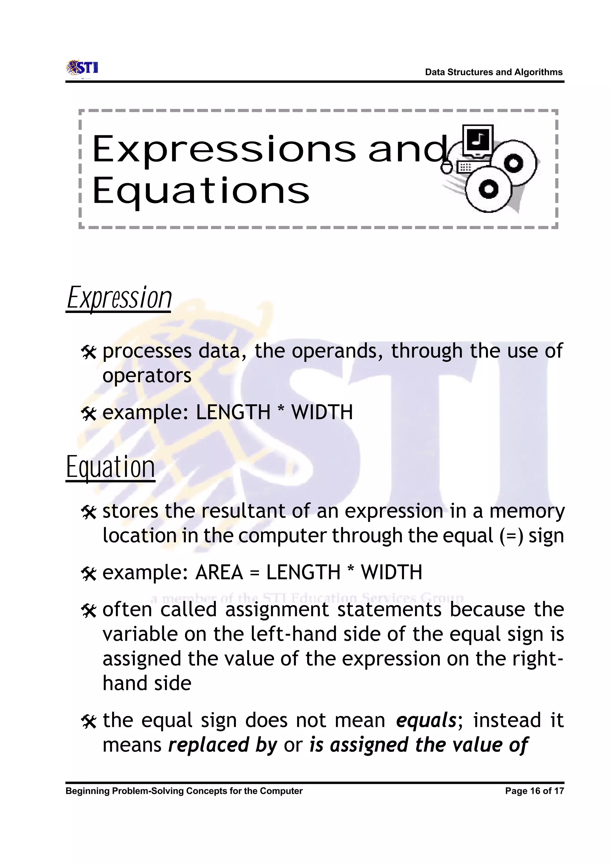 Data Structures and Algorithms Expressions and Equations Expression @ processes data, the operands, through the use of operators @ example: LENGTH * WIDTH Equation @ stores the resultant of an expression in a memory location in the computer through the equal (=) sign @ example: AREA = LENGTH * WIDTH @ often called assignment statements because the variable on the left-hand side of the equal sign is assigned the value of the expression on the right- hand side @ the equal sign does not mean equals; instead it means replaced by or is assigned the value of Beginning Problem-Solving Concepts for the Computer Page 16 of 17 