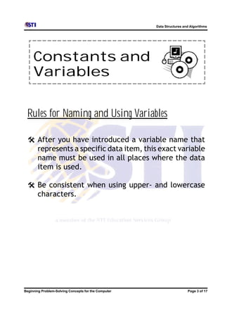 Data Structures and Algorithms




     Constants and
     Variables


 Rules for Naming and Using Variables

 @ After you have introduced a variable name that
   represents a specific data item, this exact variable
   name must be used in all places where the data
   item is used.

 @ Be consistent when using upper- and lowercase
   characters.




Beginning Problem-Solving Concepts for the Computer                     Page 3 of 17
 