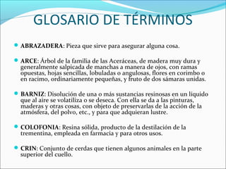 GLOSARIO DE TÉRMINOS
ABRAZADERA: Pieza que sirve para asegurar alguna cosa.
ARCE: Árbol de la familia de las Aceráceas, de madera muy dura y
generalmente salpicada de manchas a manera de ojos, con ramas
opuestas, hojas sencillas, lobuladas o angulosas, flores en corimbo o
en racimo, ordinariamente pequeñas, y fruto de dos sámaras unidas.
BARNIZ: Disolución de una o más sustancias resinosas en un líquido
que al aire se volatiliza o se deseca. Con ella se da a las pinturas,
maderas y otras cosas, con objeto de preservarlas de la acción de la
atmósfera, del polvo, etc., y para que adquieran lustre.
COLOFONIA: Resina sólida, producto de la destilación de la
trementina, empleada en farmacia y para otros usos.
CRIN: Conjunto de cerdas que tienen algunos animales en la parte
superior del cuello.
 