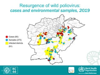 3
Resurgence of wild poliovirus:
cases and environmental samples, 2019
Cases (85)
Samples (273)
Infected districts
(61)
 