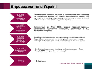 Впровадження в Україні
Удосконалення процедур контролю за трансфертним ціноутворенням
та виведенням доходів за кордон, запровадження правил КІК,
протидія агресивному податковому плануванню, а також з питань
лібералізації валютного законодавства України
Імплементація дій Плану BEPS: Шкідливі податкові практики,
Зловживання податковими конвенціями, Документація з ТЦ,
Розв'язання суперечок
Запобігання зловживанням спрощеною системою оподаткування
буде забезпечено шляхом перегляду умов її застосування щодо
категорій осіб, видів діяльності, обсягу доходу та ставок податку
Очікується…
Опубліковані настанови з реалізації мінімального пакету Плану
Заходів BEPS та строки їх імплементації
 
