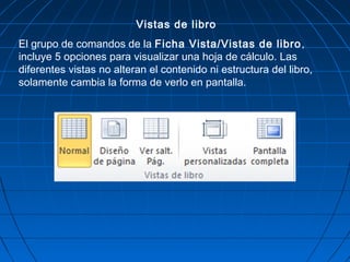 Vistas de libro
El grupo de comandos de la Ficha Vista/Vistas de libro ,
incluye 5 opciones para visualizar una hoja de cálculo. Las
diferentes vistas no alteran el contenido ni estructura del libro,
solamente cambia la forma de verlo en pantalla.
 