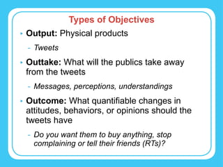 Types of Objectives Output:  Physical products Tweets Outtake:  What will the publics take away  from the tweets  Messages, perceptions, understandings Outcome:  What quantifiable changes in attitudes, behaviors, or opinions should the  tweets have  Do you want them to buy anything, stop complaining or tell their friends (RTs)? 