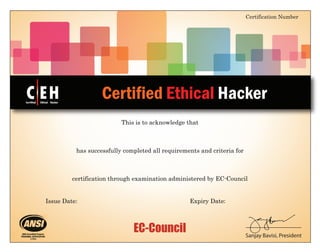 EC-Council
This is to acknowledge that
Certified Ethical Hacker
Certification Number
Sanjay Bavisi, President
has successfully completed all requirements and criteria for
certification through examination administered by EC-Council
C EH
TM
Certified Ethical Hacker
Issue Date: :Expiry Date
ECC17974819564
rodderiqus johnson
Certified Ethical Hacker
11 January, 2017 10 January, 2020
 