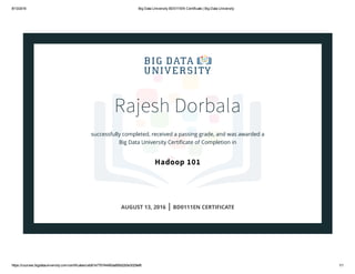 8/13/2016 Big Data University BD0111EN Certificate | Big Data University
https://courses.bigdatauniversity.com/certificates/ceb81e7781f4490da806d2b5e3029ef8 1/1
Rajesh Dorbala
successfully completed, received a passing grade, and was awarded a
Big Data University Certiﬁcate of Completion in
Hadoop 101
AUGUST 13, 2016 | BD0111EN CERTIFICATE
 