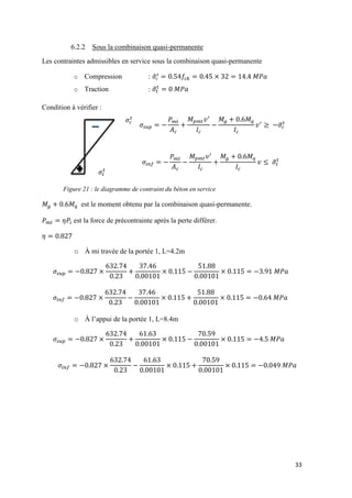33
𝜎𝑡
𝑡
𝜎𝑐
𝑡
6.2.2 Sous la combinaison quasi-permanente
Les contraintes admissibles en service sous la combinaison quasi-permanente
o Compression : ̅
o Traction : ̅
Condition à vérifier :
Figure 21 : le diagramme de contraint du béton en service
est le moment obtenu par la combinaison quasi-permanente.
est la force de précontrainte après la perte différer.
o À mi travée de la portée 1, L=4.2m
o À l’appui de la portée 1, L=8.4m
𝜎𝑠𝑢𝑝
𝑃 𝑚𝑡
𝐴 𝑐
𝑀 𝑝𝑚𝑡 𝑣
𝐼𝑐
𝑀𝑔 𝑀 𝑞
𝐼𝑐
𝑣 ≥ 𝜎̅𝑐
𝑡
𝜎𝑖𝑛𝑓
𝑃 𝑚𝑡
𝐴 𝑐
𝑀 𝑝𝑚𝑡 𝑣
𝐼𝑐
𝑀𝑔 𝑀𝑞
𝐼𝑐
𝑣 𝜎̅𝑡
𝑡
 