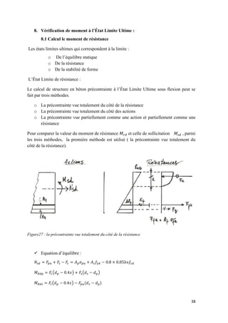 38
8. Vérification de moment à l’État Limite Ultime :
8.1 Calcul le moment de résistance
Les états limites ultimes qui correspondent à la limite :
o De l’équilibre statique
o De la résistance
o De la stabilité de forme
L’État Limite de résistance :
Le calcul de structure en béton précontrainte à l’État Limite Ultime sous flexion peut se
fait par trois méthodes.
o La précontrainte vue totalement du côté de la résistance
o La précontrainte vue totalement du côté des actions
o La précontrainte vue partiellement comme une action et partiellement comme une
résistance
Pour comparer la valeur du moment de résistance et celle de sollicitation , parmi
les trois méthodes, la première méthode est utilisé ( la précontrainte vue totalement du
côté de la résistance).
Figure27 : la précontrainte vue totalement du côté de la résistance
 Equation d’équilibre :
( ) ( )
( ) ( )
 
